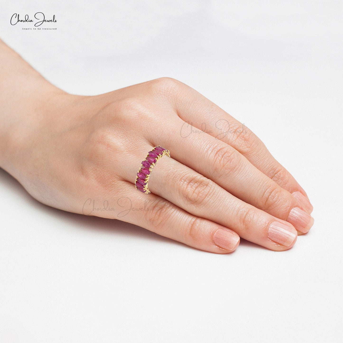 Load image into Gallery viewer, 5x3 mm Ruby Eternity Band Ring, Pear Cut Gemstone, Ruby Ring in 14k Solid Gold
