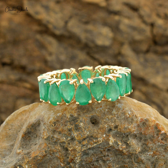 Natural Emerald Pear Cut Faceted Eternity Band Ring in 14k Solid Gold