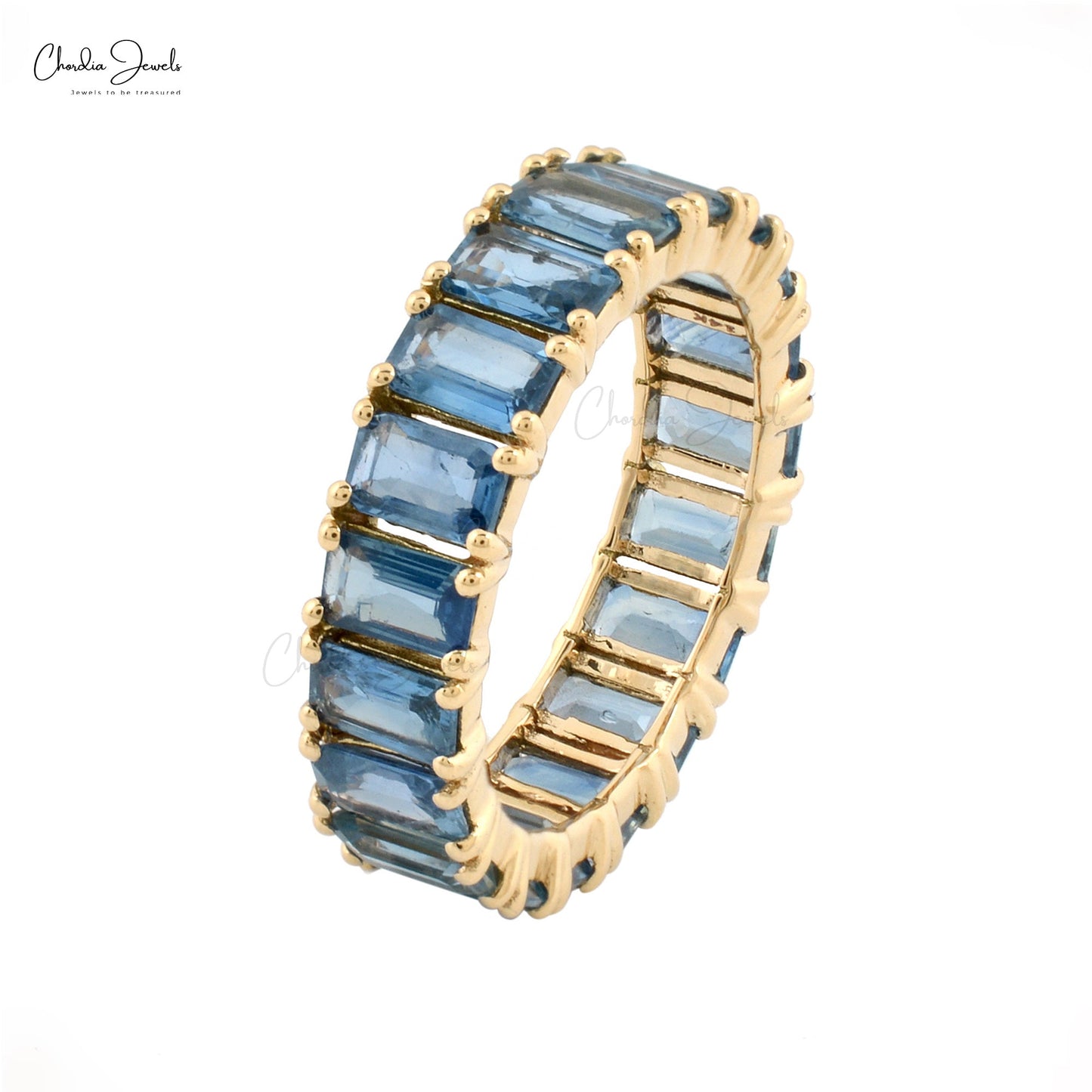 Load image into Gallery viewer, Emerald Cut 5x3mm Blue Sapphire Eternity Band 14k Solid Yellow Gold Ring Size US-6.75 Prong Set Ring For Her
