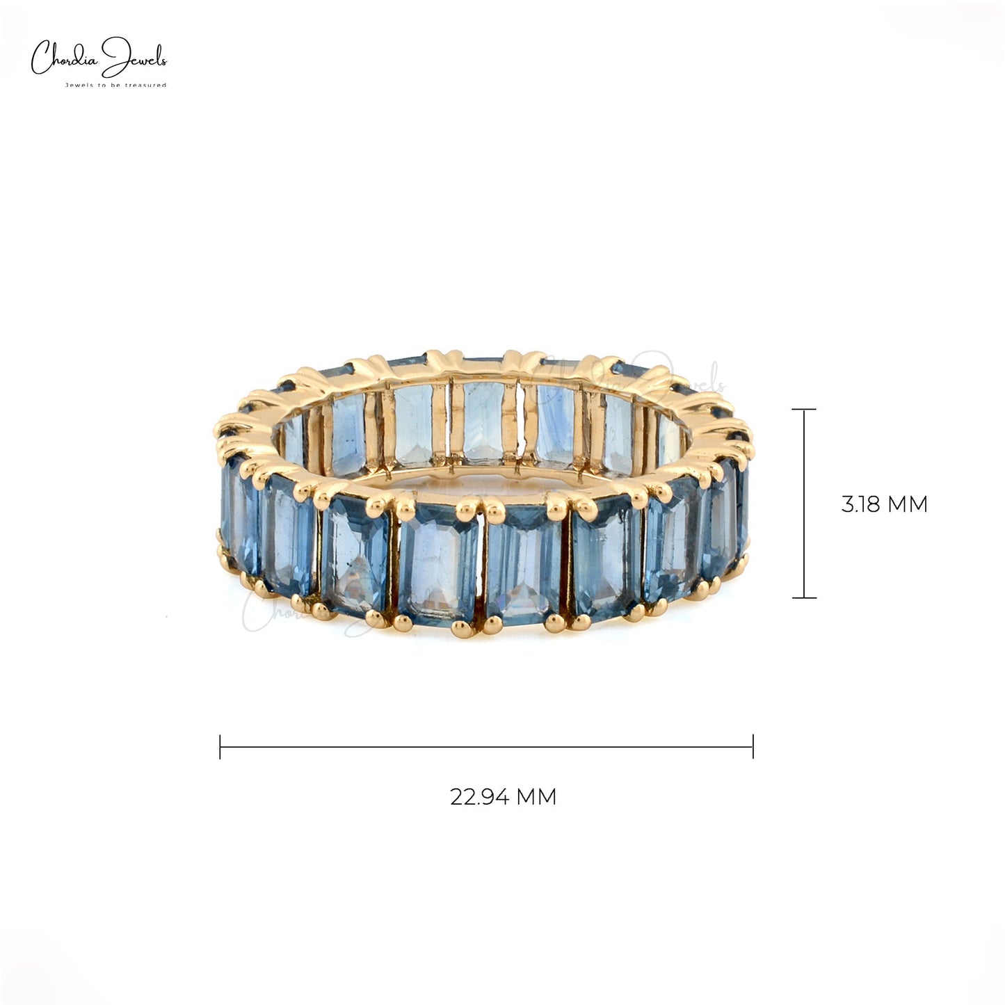 Emerald Cut 5x3mm Blue Sapphire Eternity Band In 14k Solid Yellow Gold (Size US-6.75)