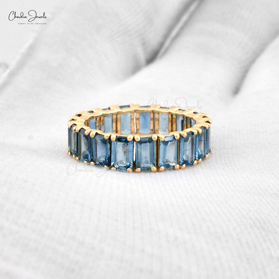 Emerald Cut 5x3mm Blue Sapphire Eternity Band In 14k Solid Yellow Gold (Size US-6.75)