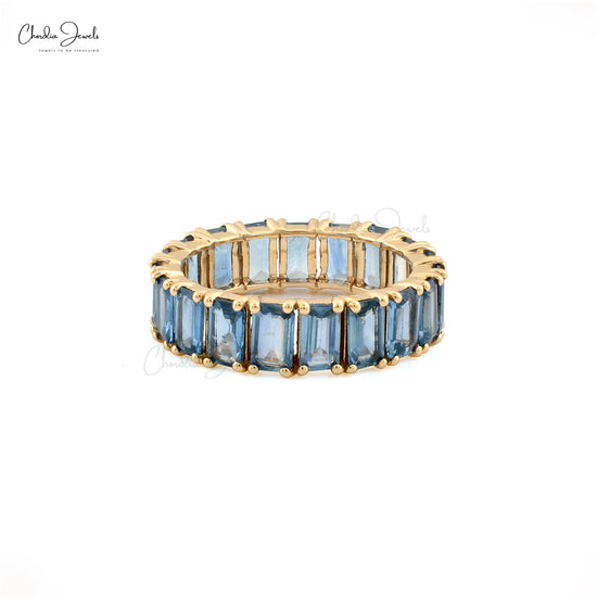 Emerald Cut 5x3mm Blue Sapphire Eternity Band In 14k Solid Yellow Gold (Size US-6.75)