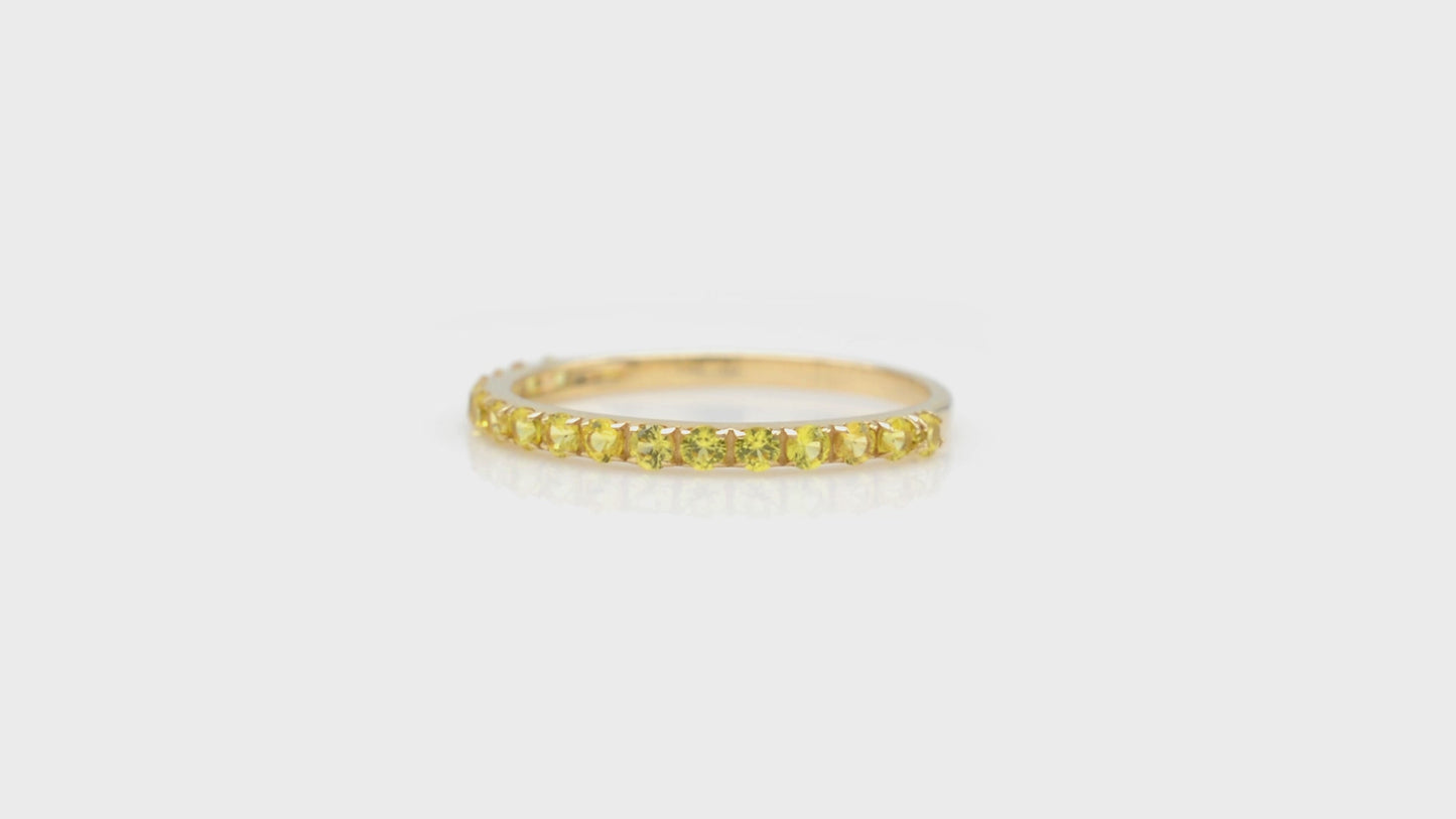 Load and play video in Gallery viewer, Natural 2mm Round Cut Yellow Sapphire Half Eternity Band For Anniversary, 0.51 Carat Gemstone Band Ring, 14k Solid Yellow Gold Ring For Her
