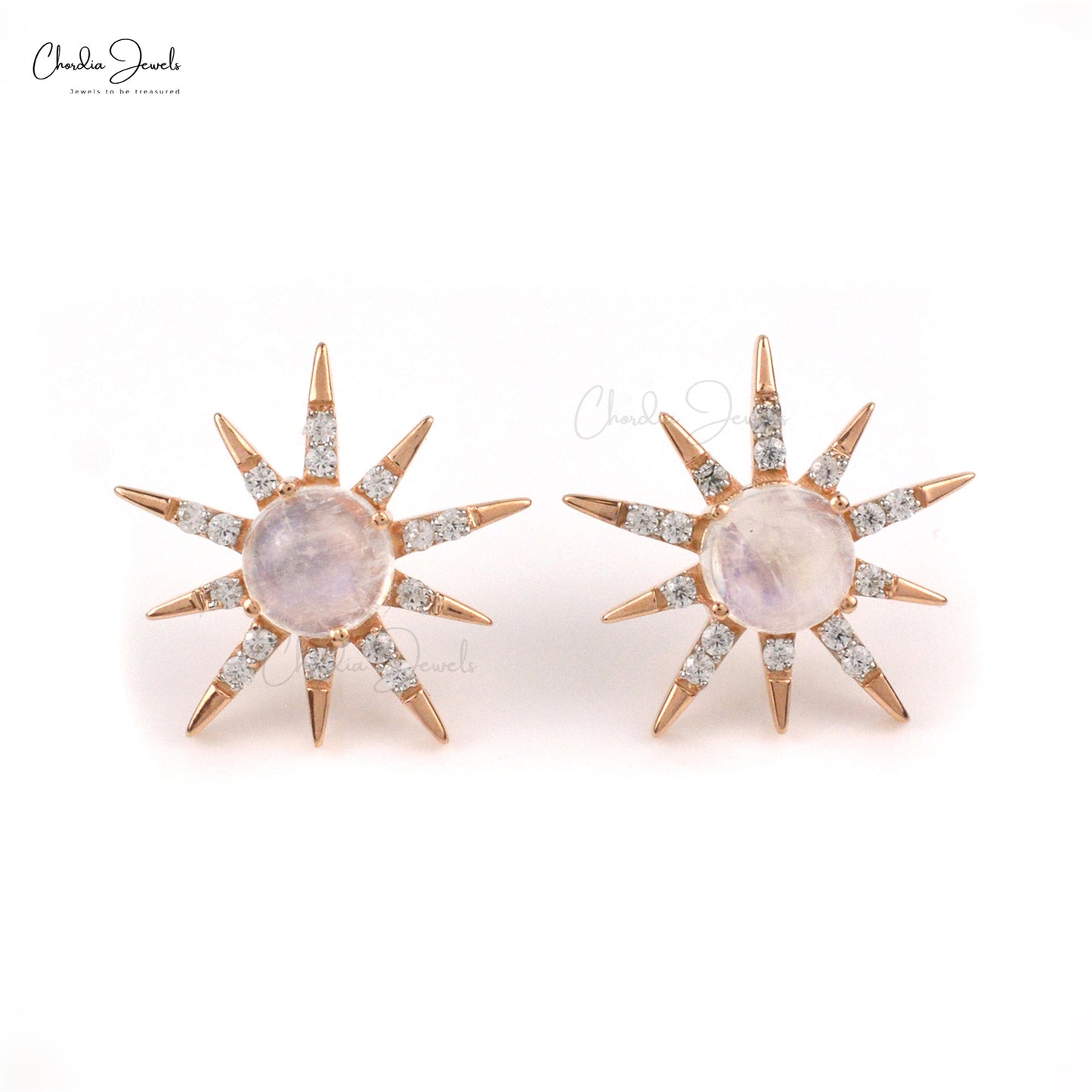 Natural Rainbow Moonstone White Zircon Stud Earrings 925 Sterling Silver Prong Set Studs June Birthstone Jewelry