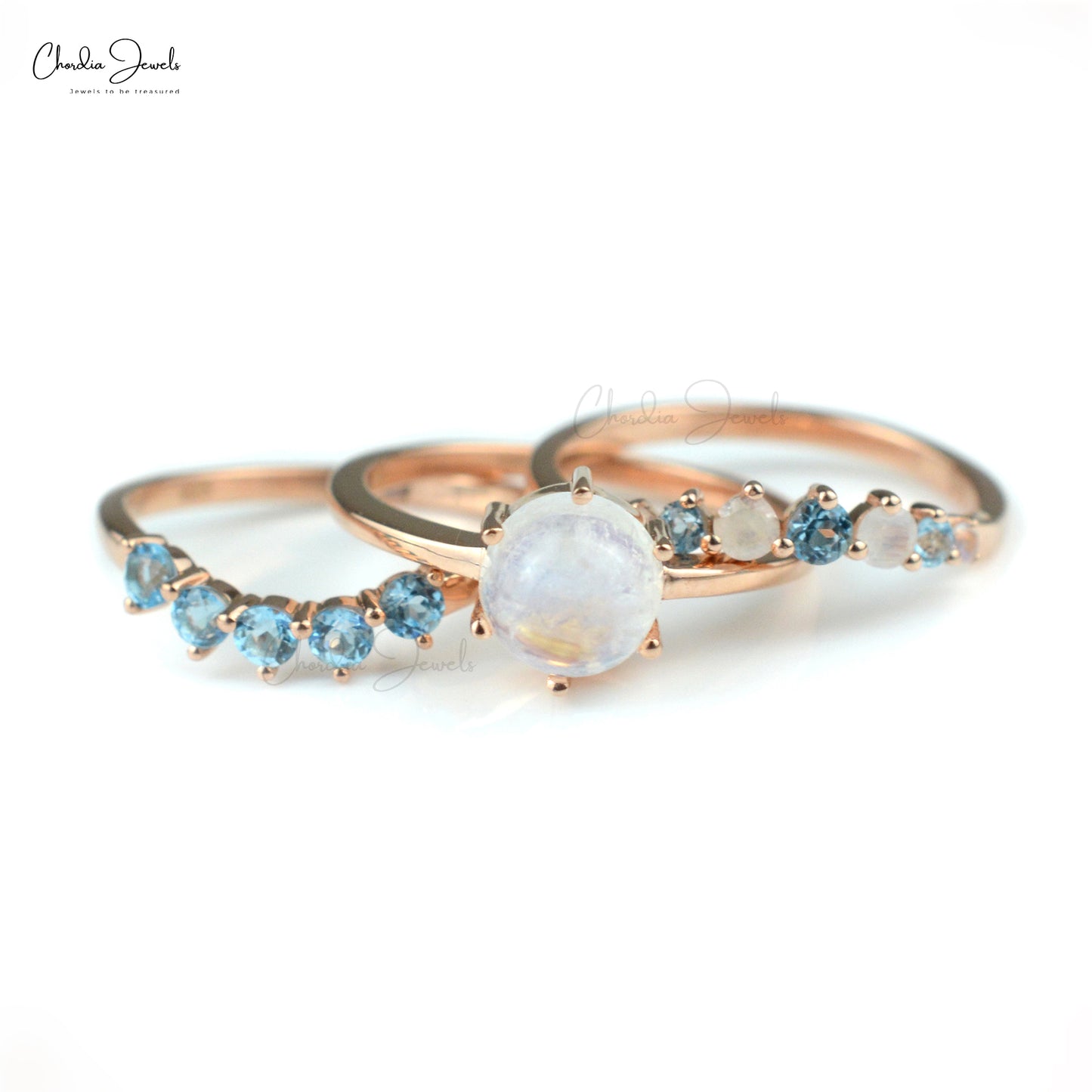 Rainbow Moonstone With Swiss Blue Topaz Ring Round Stackable Ring