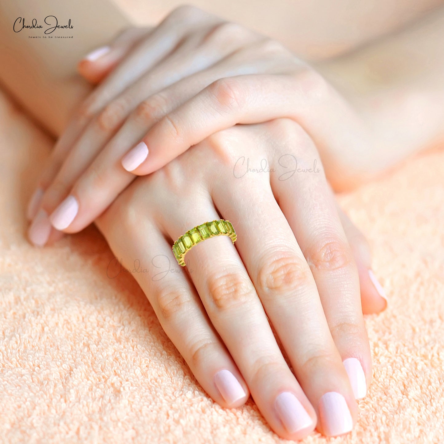 Peridot Natural Gemstone 925 Solid Sterling Silver Ring Emerald Cut Half Eternity Band For Woman Once At Factory Cost