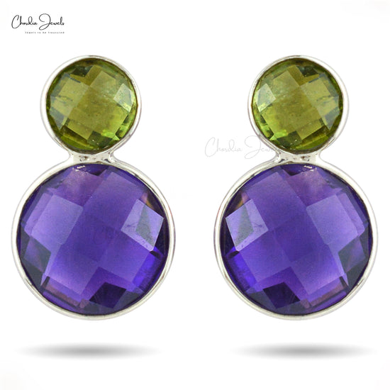 Dual Round Checker Cut 925 Sterling Silver Handmade Earrings, Amethyst and Green Tourmaline Stud Earring, Silver Studs Fine Jewelry from Trusted Supplier