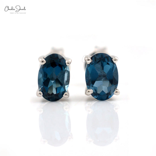 Load image into Gallery viewer, 925 Sterling Silver Authentic London Blue Topaz Studs Prong Set Push back Gemstone Stud Earrings At Discount Price
