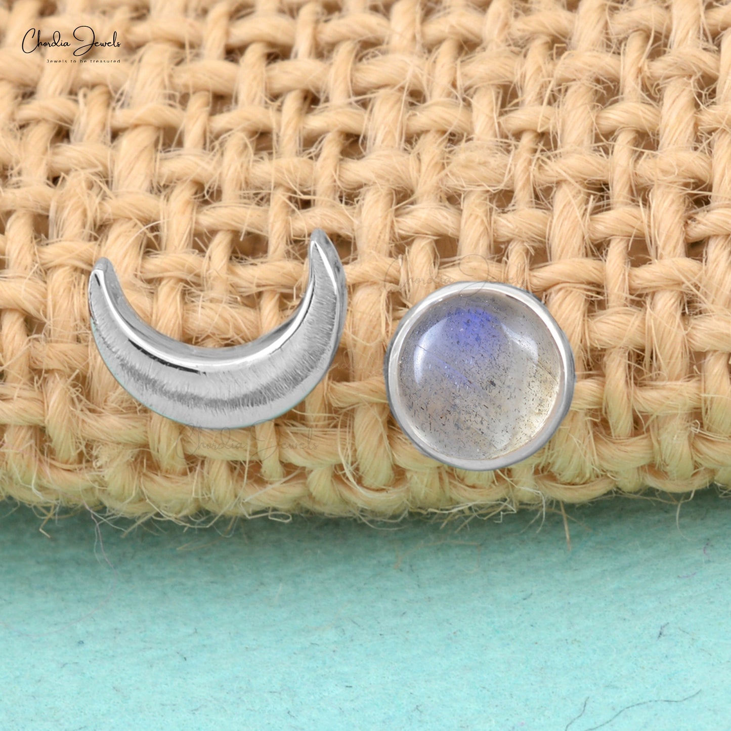 Crescent Moon and Sun Labradorite Studs In Solid 925 Sterling Silver Gemstone Jewelry At Affordable Price