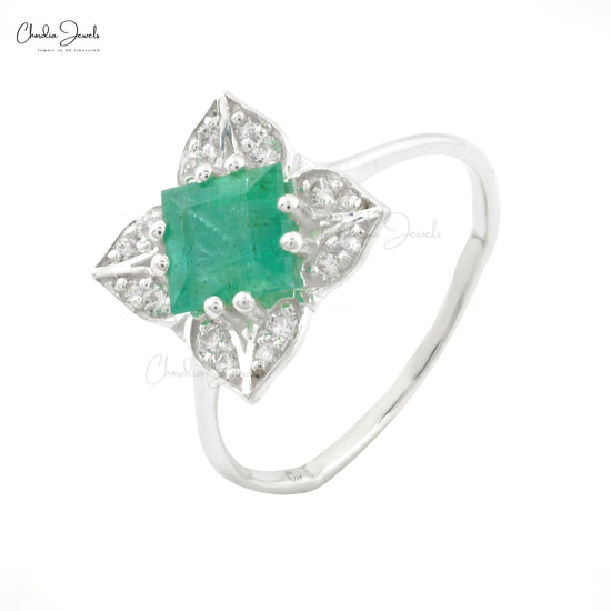 Emerald Gemstone Silver Ring Floral Zircon Halo Ring