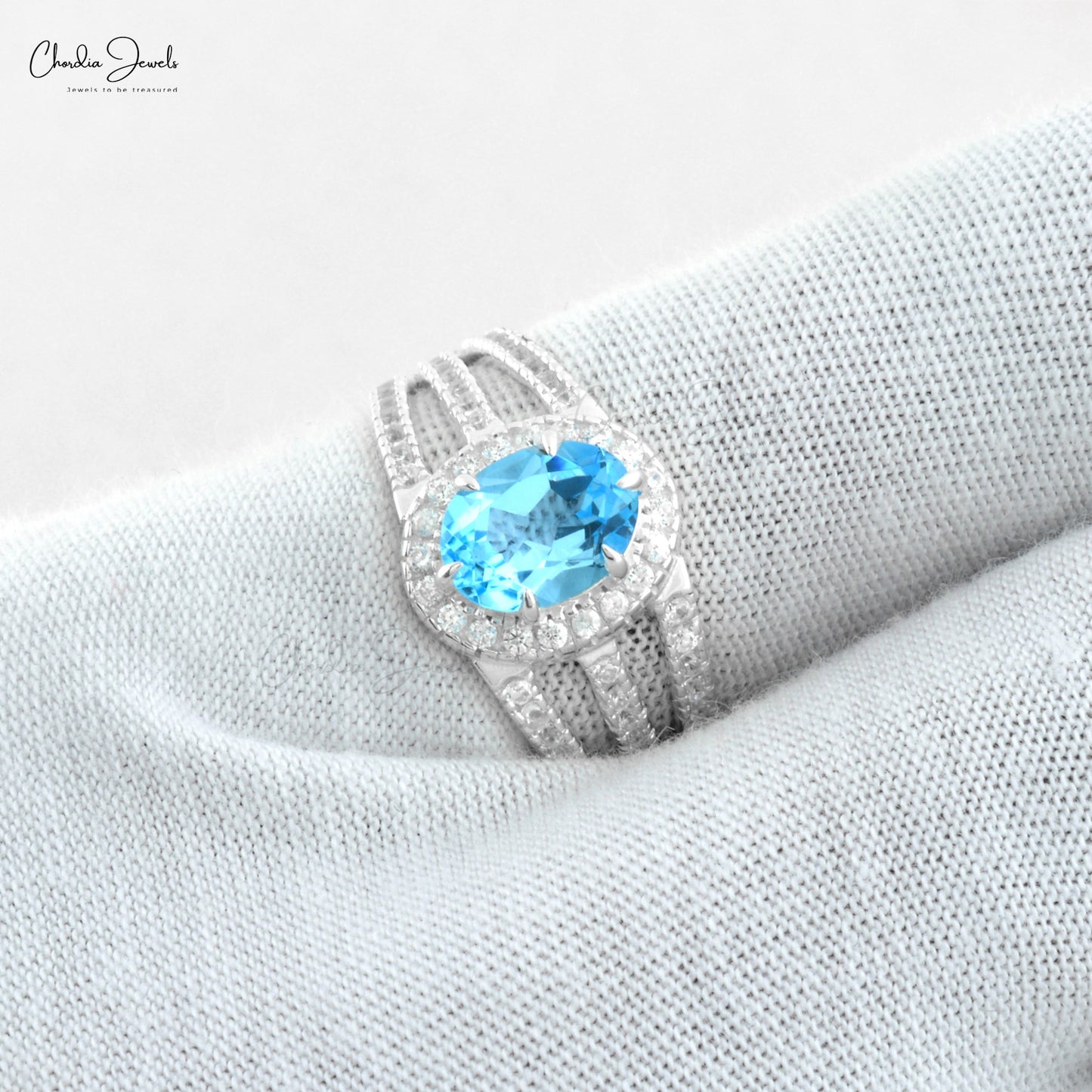 Split Shank Oval Swiss Blue Topaz and Halo Zircon Triple Band 925 Silver Ring Fine Quality December Birthstone Jewelry For Engagement Ring
