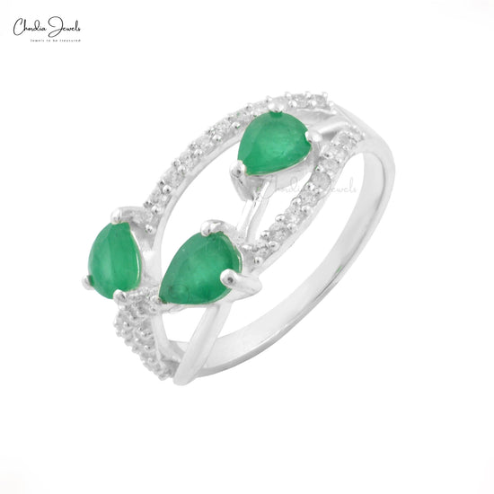 Emerald Gemstone Silver Ring Three Stone Jewelry Zircon Jewelry