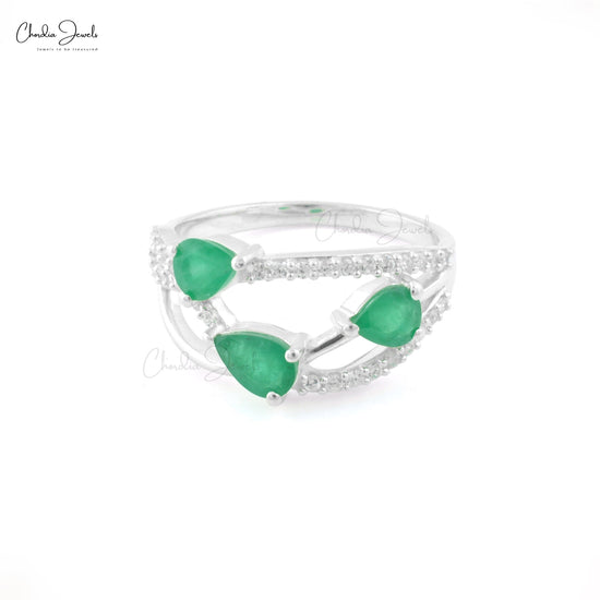 Top Quality Jewelry At Discount Price Pear Emerald Three Stone Bypass Silver Ring with Zircon May Birthstone Ring For Wedding Gift