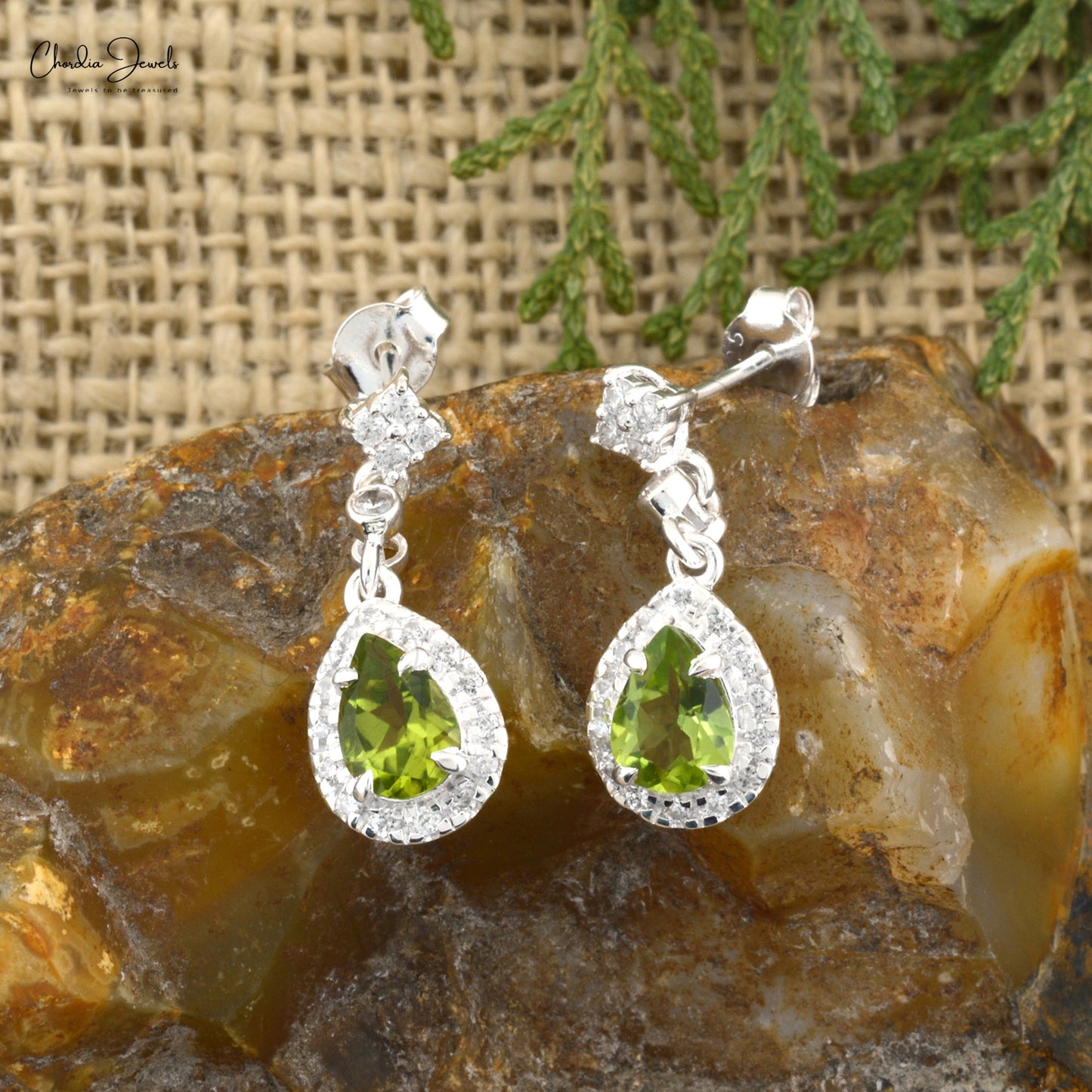 Fine Quality Jewelry At Wholesale Price 925 Sterling Silver 7x5MM Green Peridot Gemstone Earrings Dangling Cubic Zircon Halo Earrings