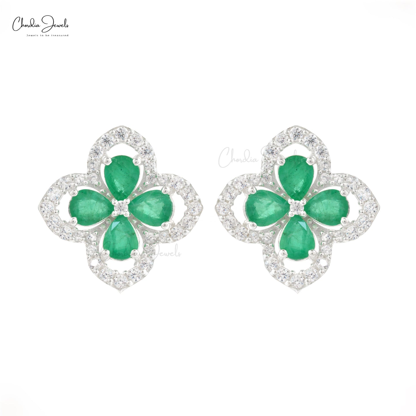 Emerald Gemstone Silver Earrings Cubic Zircon Floral Earrings  Gemstone Jewelry