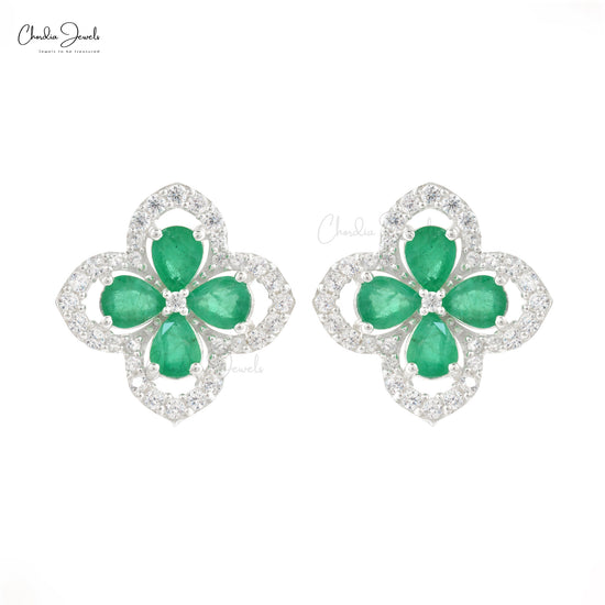 Emerald Gemstone Silver Earrings Cubic Zircon Floral Earrings  Gemstone Jewelry