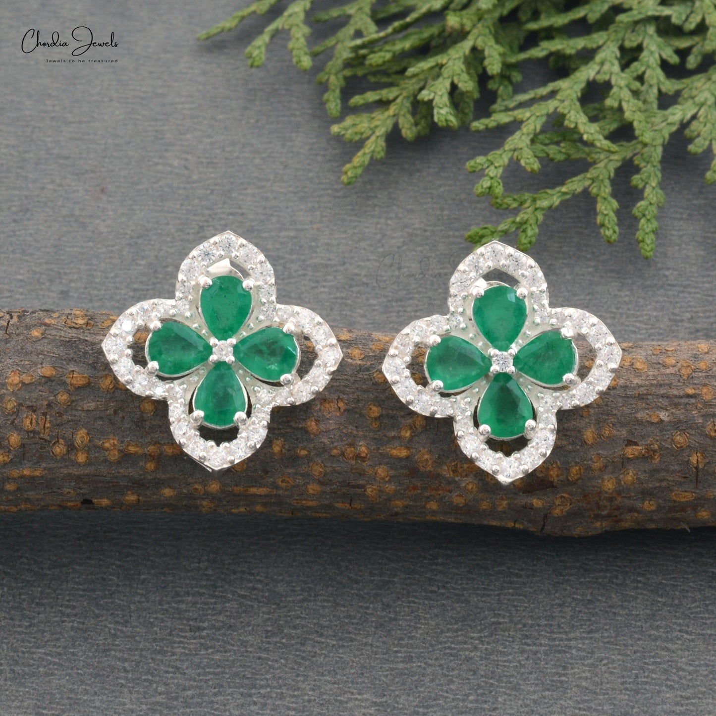 Top Quality Jewelry At Wholesale Price 925 Sterling Silver Zambian Emerald and Cubic Zircon Floral Stud Earrings