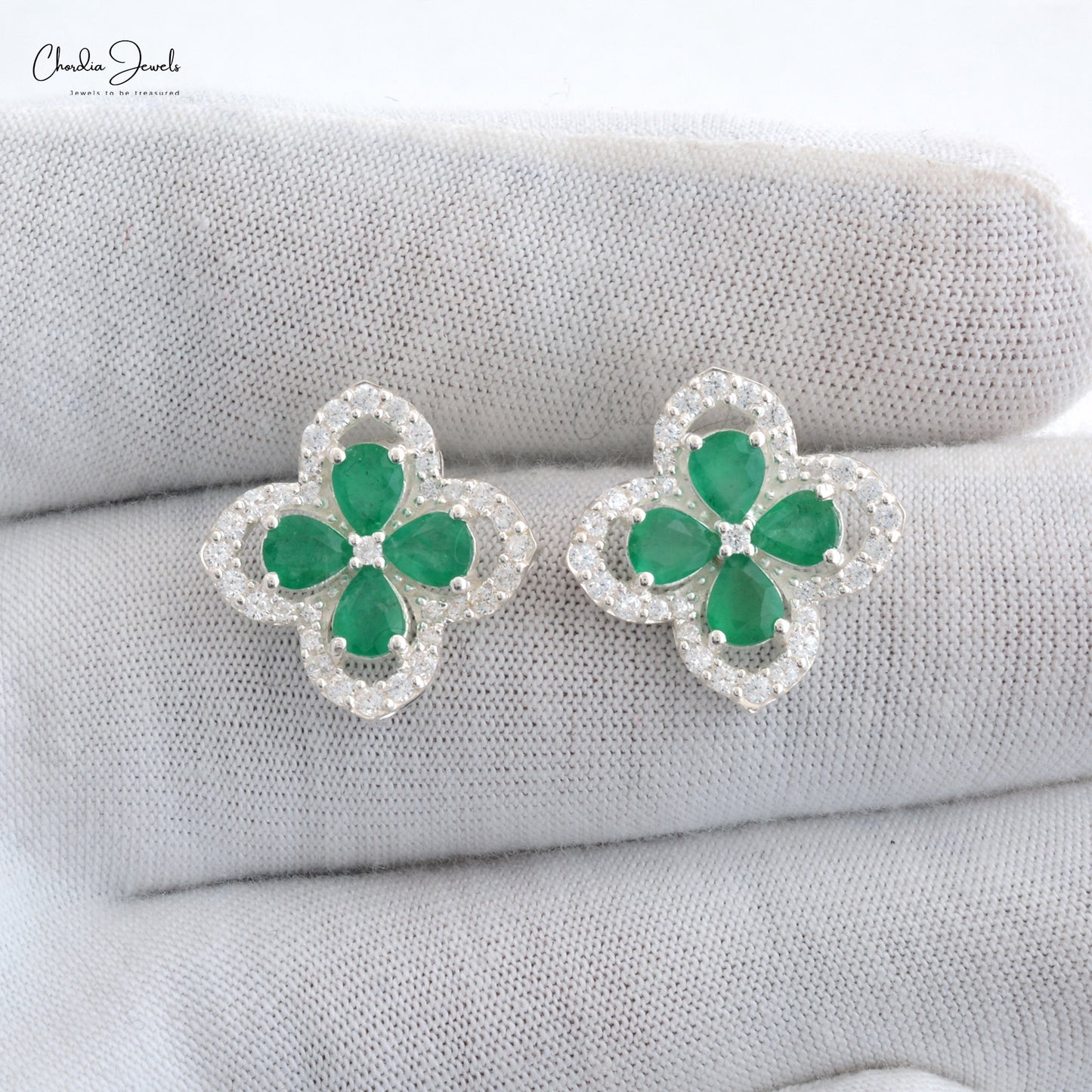 Top Quality Jewelry At Wholesale Price 925 Sterling Silver Zambian Emerald and Cubic Zircon Floral Stud Earrings