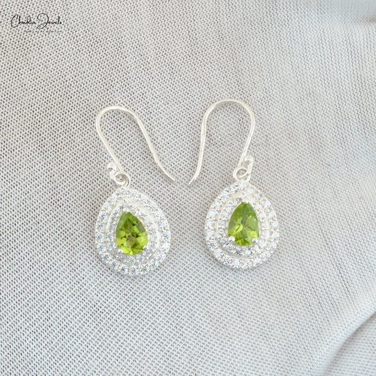 Load image into Gallery viewer, 925 Sterling Silver Pear-Cut Peridot and Cubic Zircon Halo Dangling Earrings Top Quality Jewelry At Offer Price
