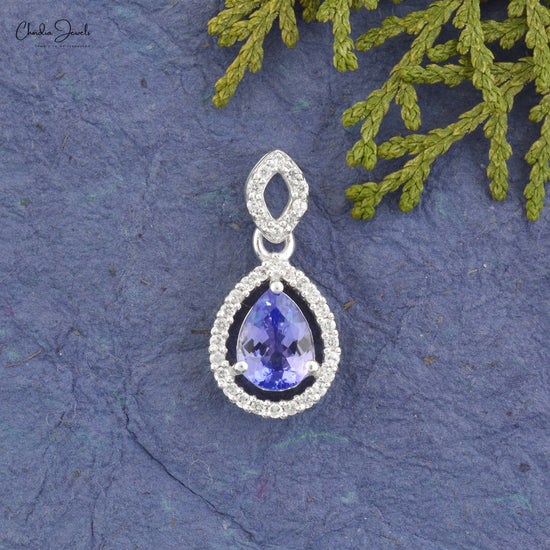 925 Sterling Silver Natural Tanzanite And Zircon Dangling Pendant With Pear Cut December Birthstone Jewelry At Discount Price