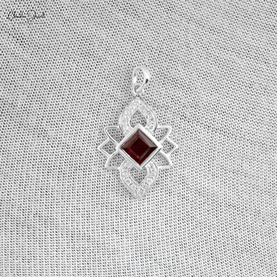 925 Sterling Silver Designer Floral Pendant 5mm Garnet AAA Quality Square Cut Gemstone Pendant At Discount Price