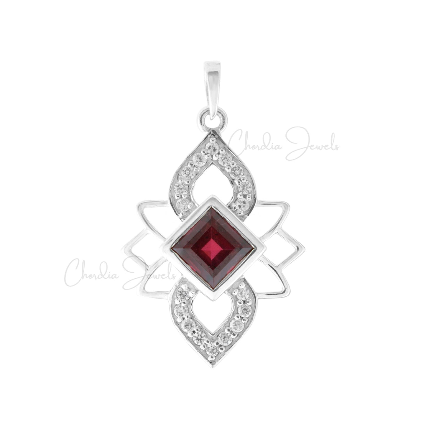 925 Sterling Silver Designer Floral Pendant 5mm Garnet AAA Quality Square Cut Gemstone Pendant At Discount Price