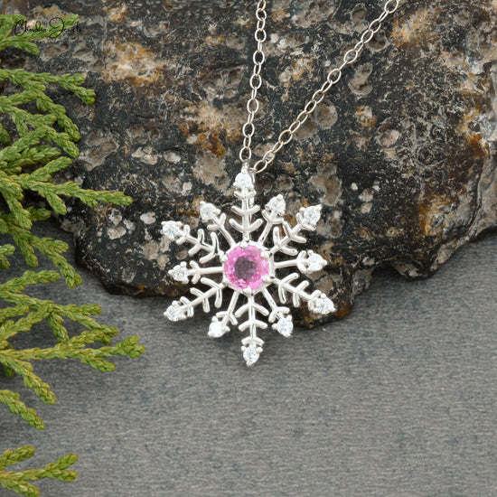 Load image into Gallery viewer, Fine Quality Jewelry At Wholesale Price Pink Sapphire Snow Flake Shaped Pendant with Cubic Zircon in 925 Sterling Silver Pendant
