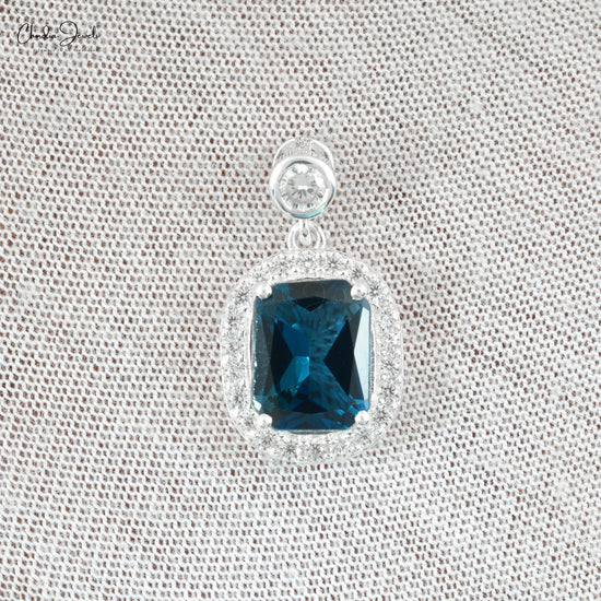 Natural London Blue Topaz Halo Silver Pendant 925 Sterling Silver Cubic Zircon December Birthstone Pendant At Discount Price