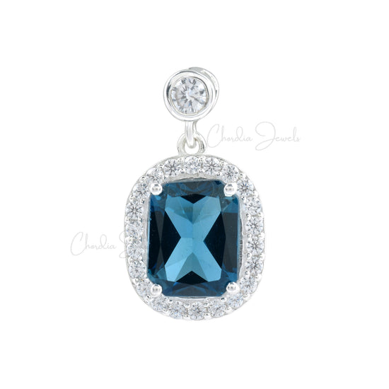 Natural London Blue Topaz Halo Silver Pendant 925 Sterling Silver Cubic Zircon December Birthstone Pendant At Discount Price