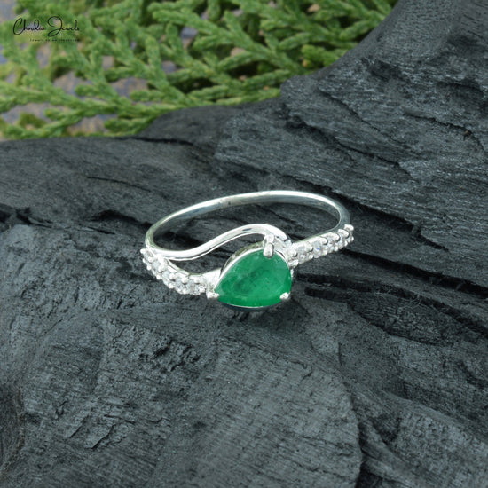 Pear Cut Authentic Emerald and Cubic Zircon Swirl Ring in 925 Sterling Silver May Birthstone Ring For Anniversary Gift At Offer Price