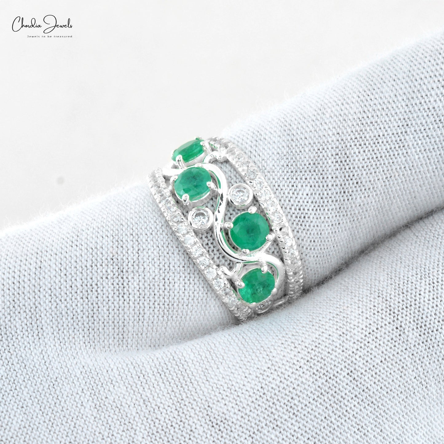 Load image into Gallery viewer, Natural Green Emerald &amp;amp; Zircon Wedding Ring in 925 Sterling Silver 4MM Round Cut Gemstone Jewelry At Wholesale Price
