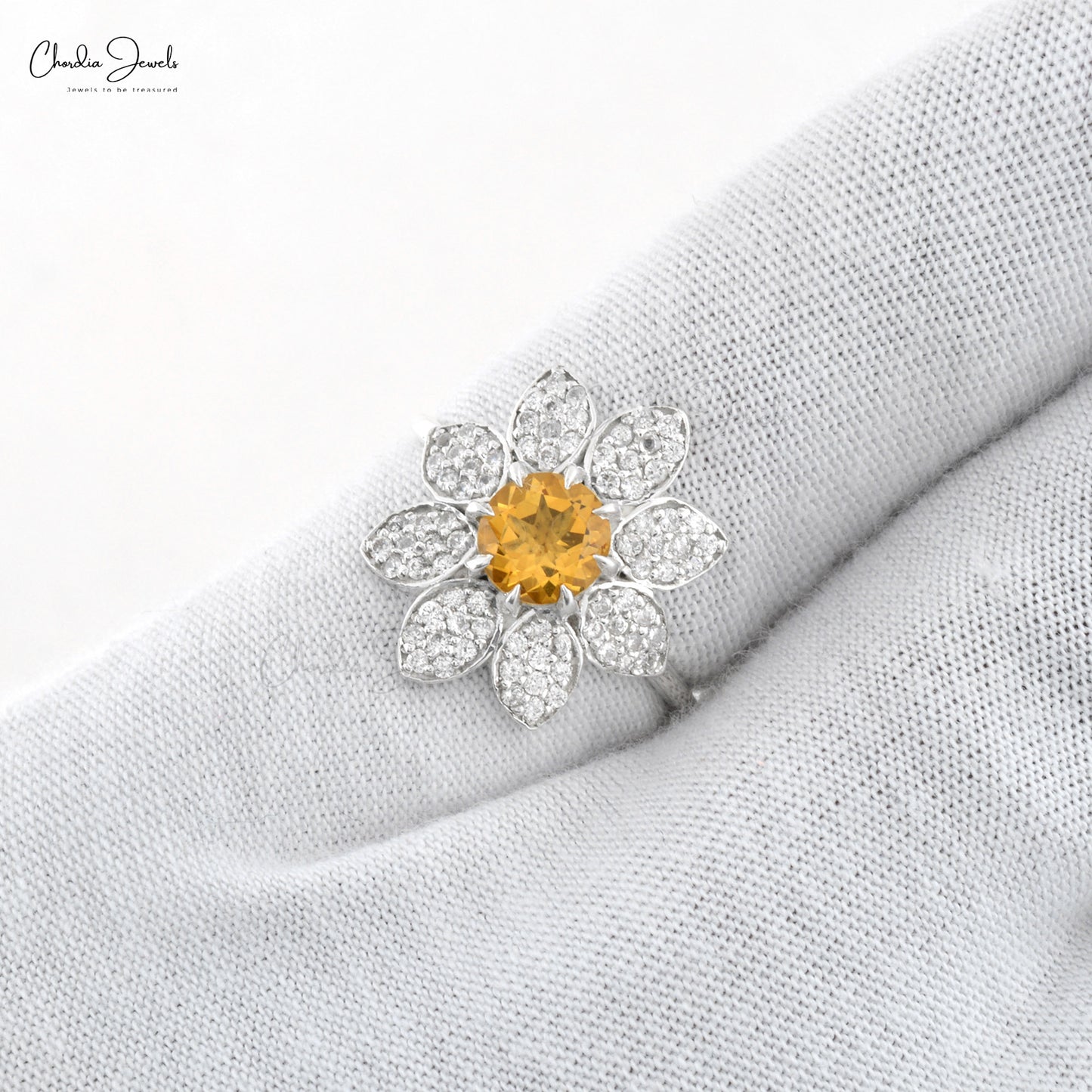 High Quality Jewelry 925 Sterling Silver Floral Ring in Zircon & Natural Citrine Prong Set Jewelry For Engagement Gift