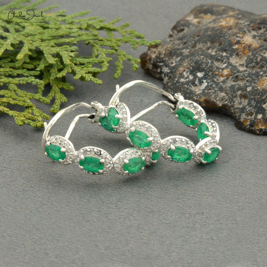 Load image into Gallery viewer, Top-Quality Emerald Halo Huggies Earrings in 925 Sterling Silver with Cubic Zircon At Discount Price
