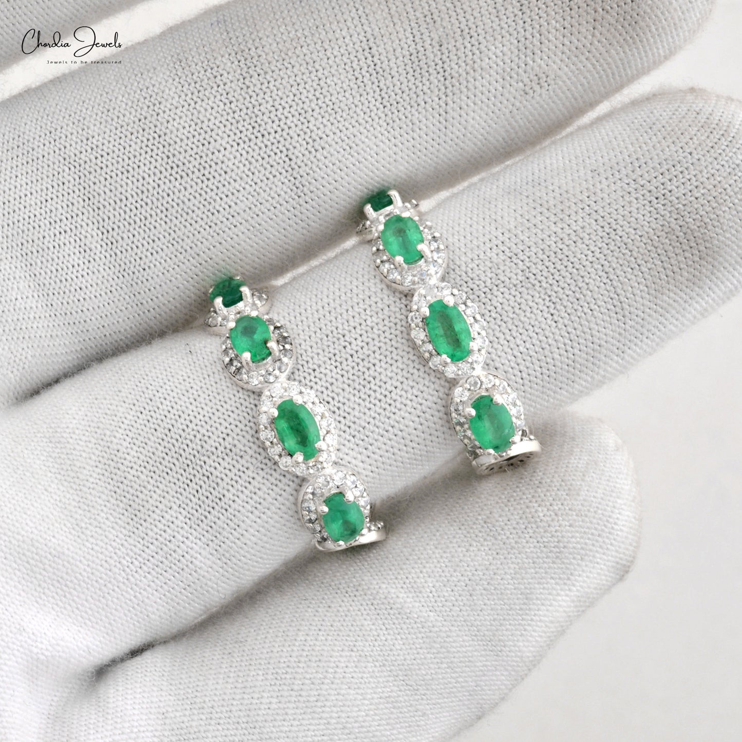 Top-Quality Emerald Halo Huggies Earrings in 925 Sterling Silver with Cubic Zircon At Discount Price