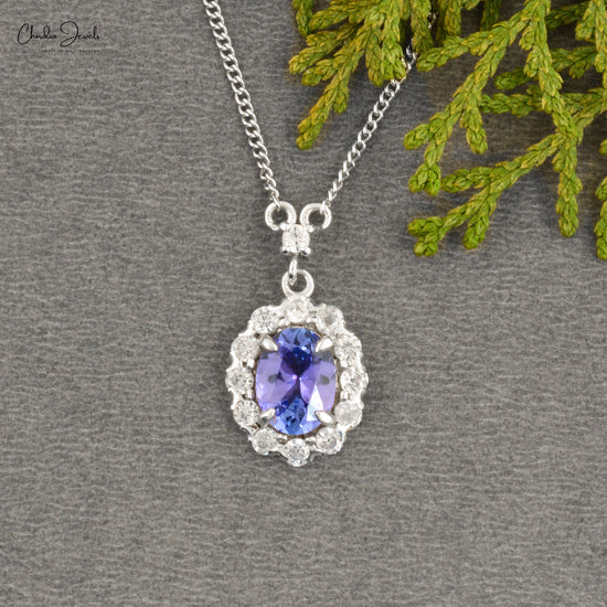 925 Sterling Silver Halo Pendant Genuine Tanzanite Oval Cut Pendant 2.2MM Cubic Zircon Half Bezel Pendant At Wholesale Price