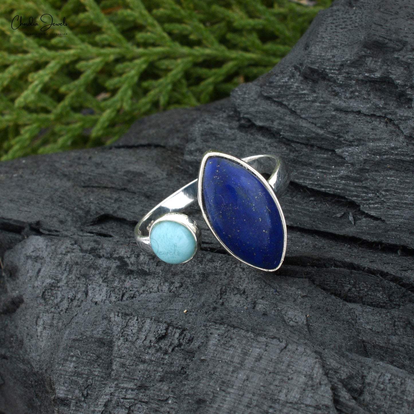 High Quality 925 Sterling Silver Lapiz-Lazuli and Turquoise Open Cuff Gemstone Ring At Discount Price