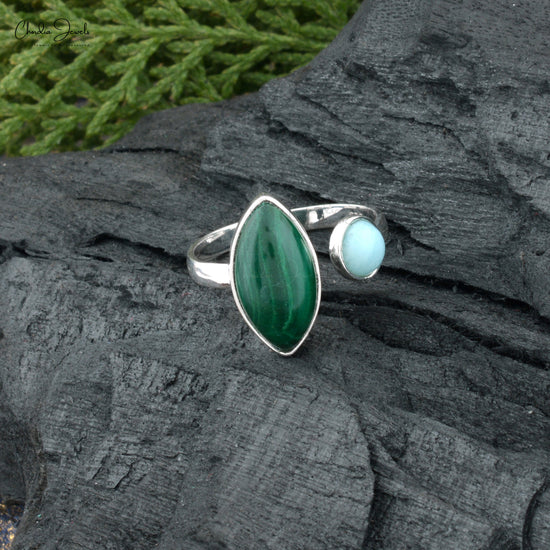 Handmade 925 Sterling Silver Malachite and Larimar Two Stone Ring For