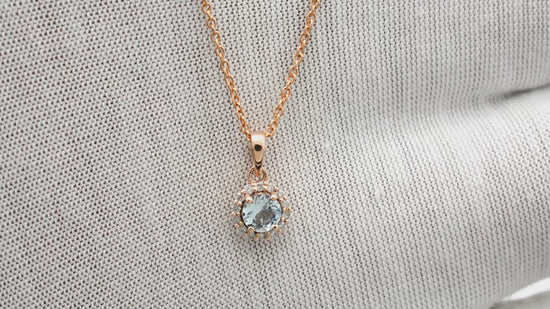 Load and play video in Gallery viewer, Natural Aquamarine Pendant, 14k Solid Rose Gold Diamond Halo Pendant, 4mm Round Gemstone Prong Set Pendant, March Birthstone Pendant Gift for Her
