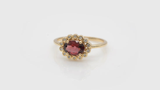 Load and play video in Gallery viewer, Natural Garnet Halo Ring in 14k Solid Yellow Gold
