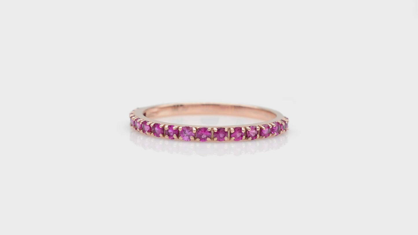 Load and play video in Gallery viewer, Half Eternity Round Cut Band With 0.51 Ct Pink Sapphire 14k Rose Gold Promise Ring
