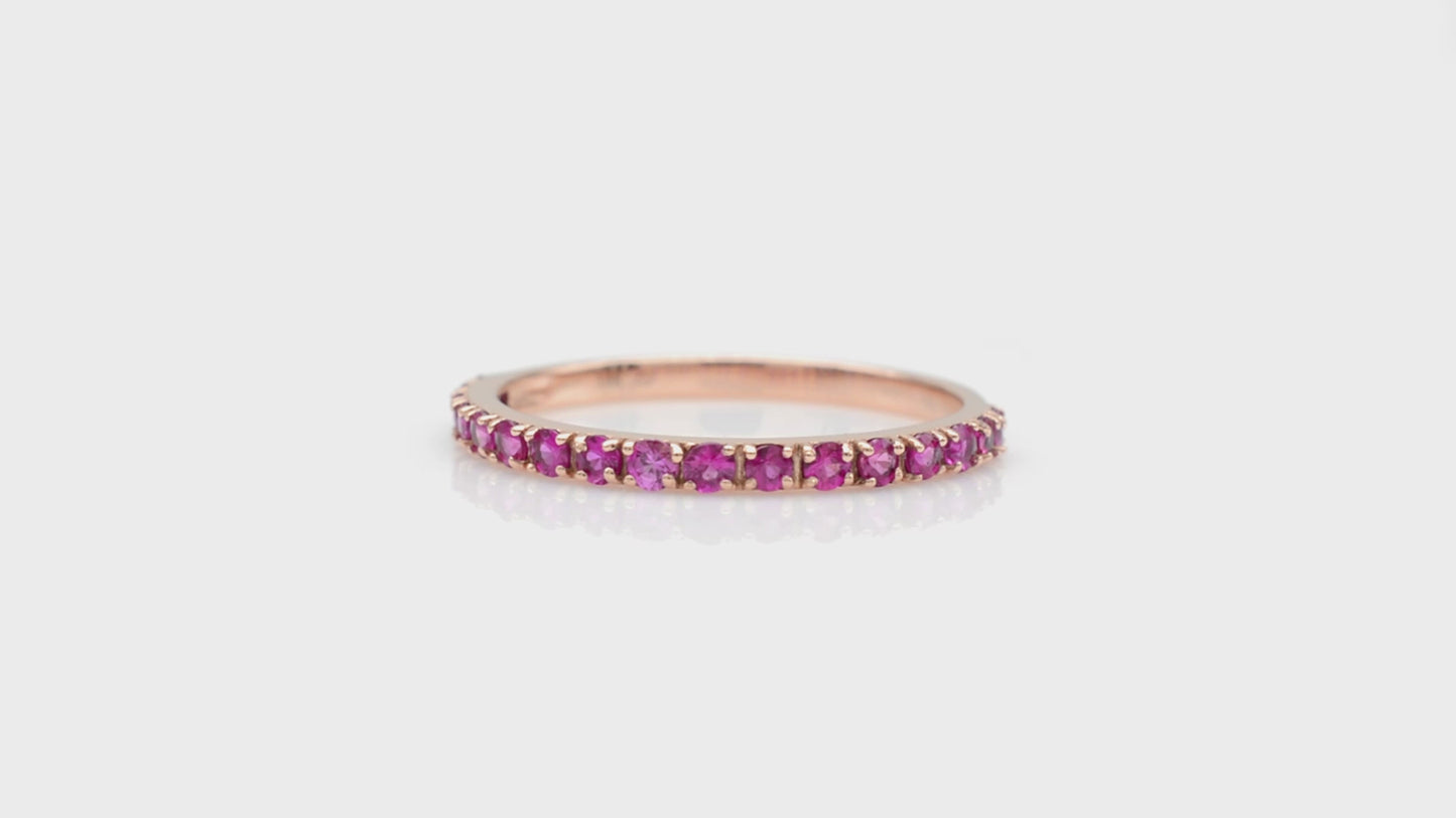 Load and play video in Gallery viewer, 14K Solid Rose Gold September Birthstone Gemstone Half Eternity Band For Women, 0.51Cts Natural Pink Sapphire Band For Anniversary Gift

