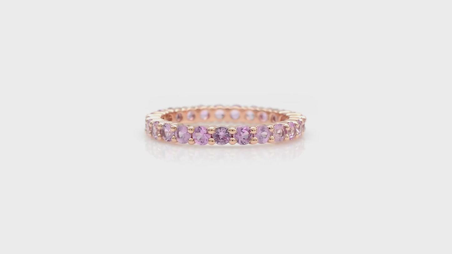 Load and play video in Gallery viewer, Natural 1.26 Carat Pink Sapphire Full Eternity Band, 2.50mm Round Cut September Birthstone Gemstone Band For Women in 14k Solid Rose Gold

