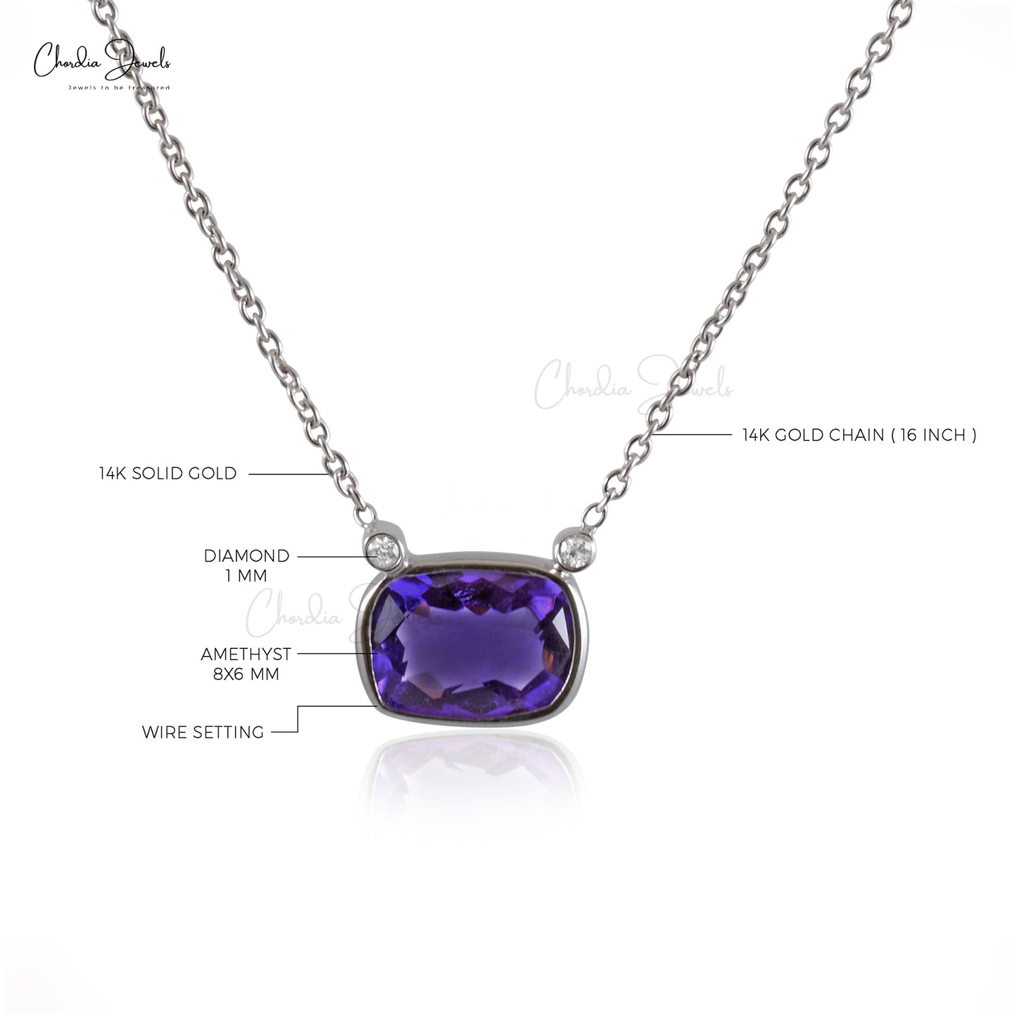 Load image into Gallery viewer, Natural Amethyst and Diamond Necklace in 14k Solid White Gold 8x6mm Recta Cushion Cut Gemstone Bezel Necklace
