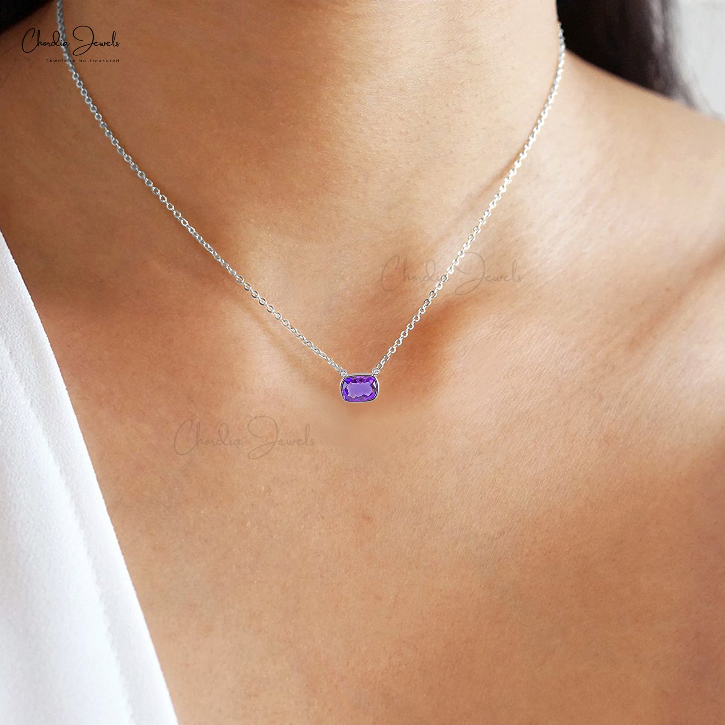 Load image into Gallery viewer, Natural Amethyst and Diamond Necklace in 14k Solid White Gold 8x6mm Recta Cushion Cut Gemstone Bezel Necklace
