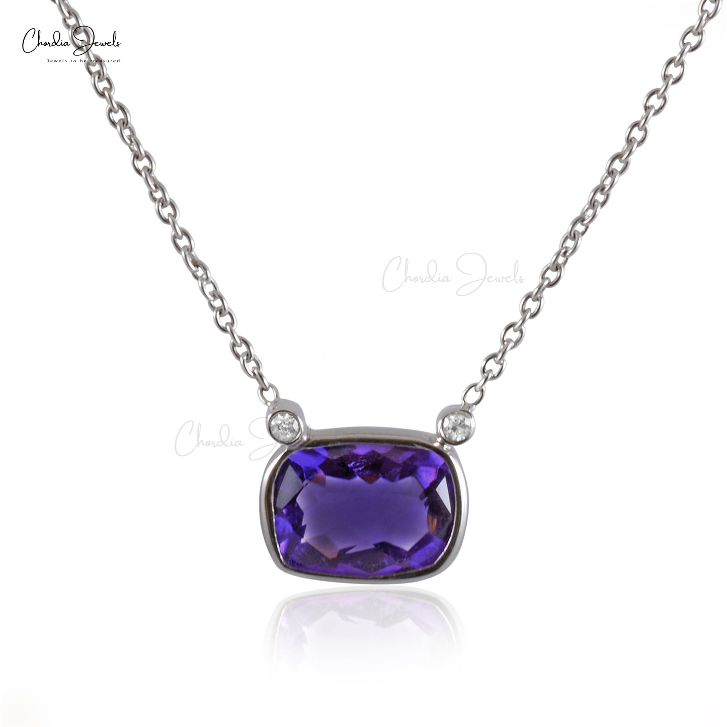 Natural Amethyst and Diamond Necklace in 14k Solid White Gold 8x6mm Re