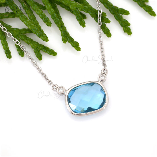 Swiss Blue Topaz and Diamond 16 Inches Necklace 8x6mm Recta Cushion Cut Gemstone Jewelry 14k Solid White Gold Necklace