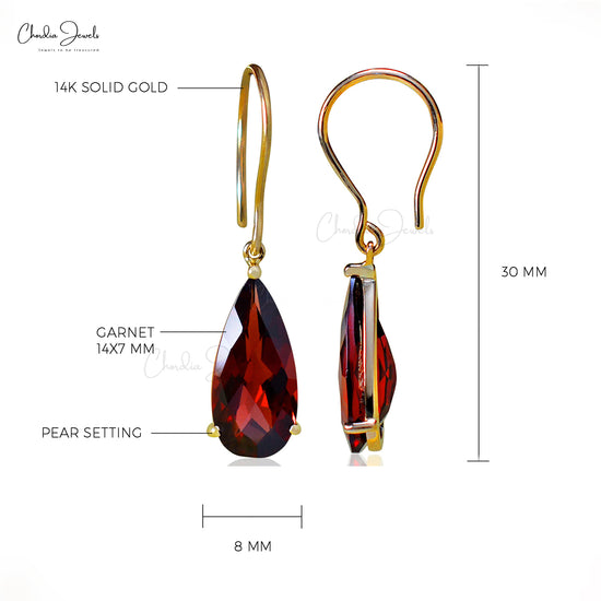 Natural Garnet Dangle Earrings in 14k Solid Yellow Gold