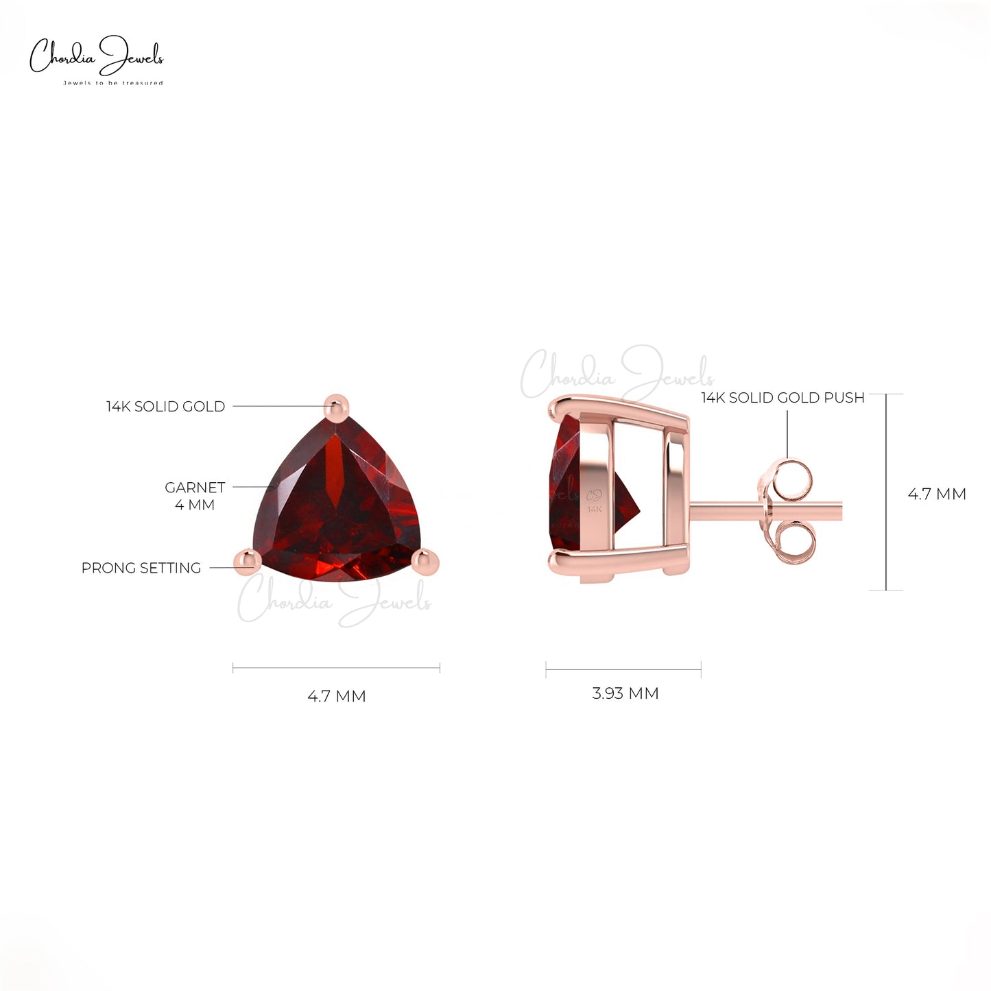 Natural Garnet 4mm Trillon Gemstone Stud Earrings 14k Solid Gold