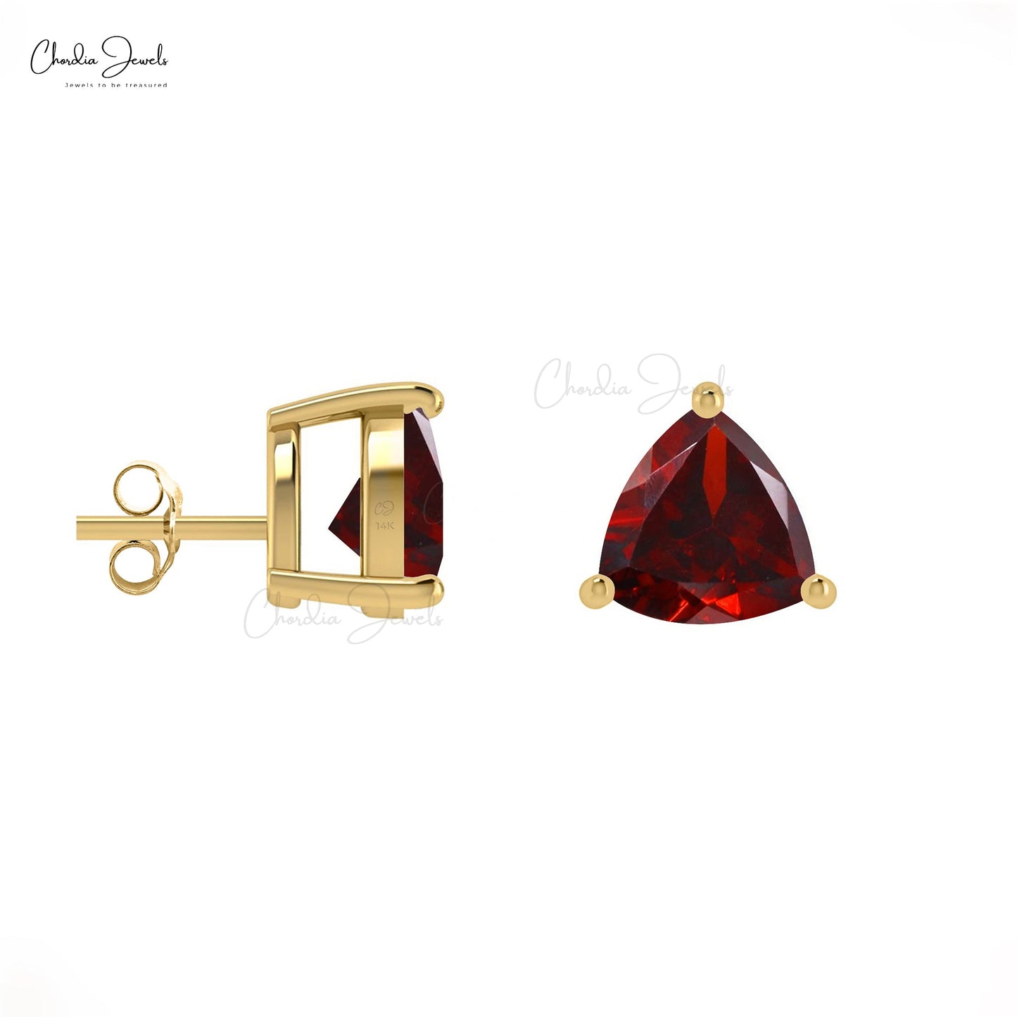 Natural Garnet 4mm Trillon Gemstone Stud Earrings 14k Solid Gold