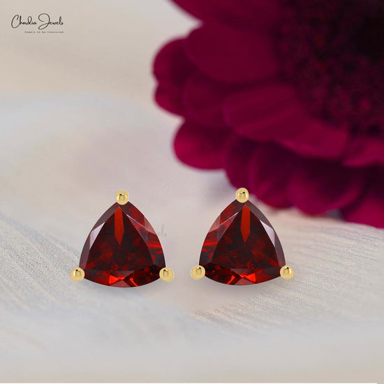 Natural Garnet 4mm Trillon Gemstone Stud Earrings 14k Solid Gold